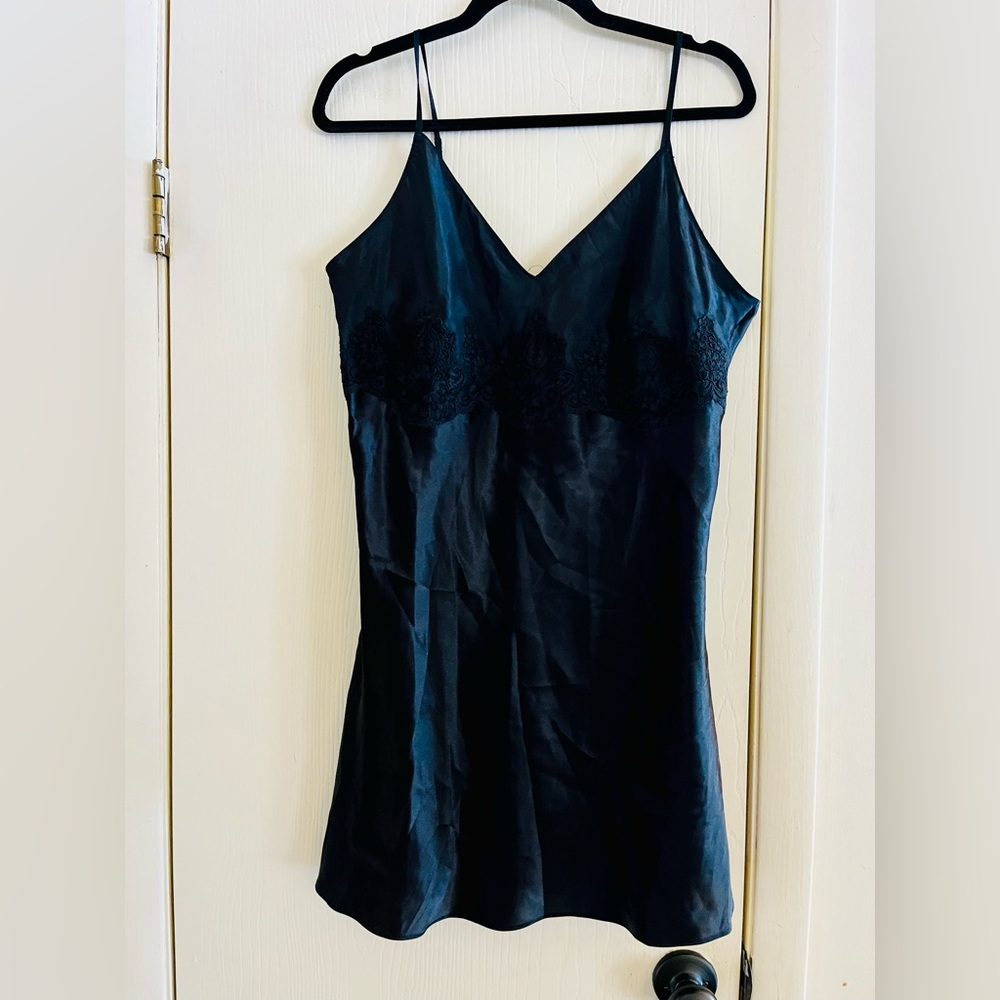 Vtg Satin Whimsygoth Fairygoth Jones New York Victorian Lace Black Slip Chemise
